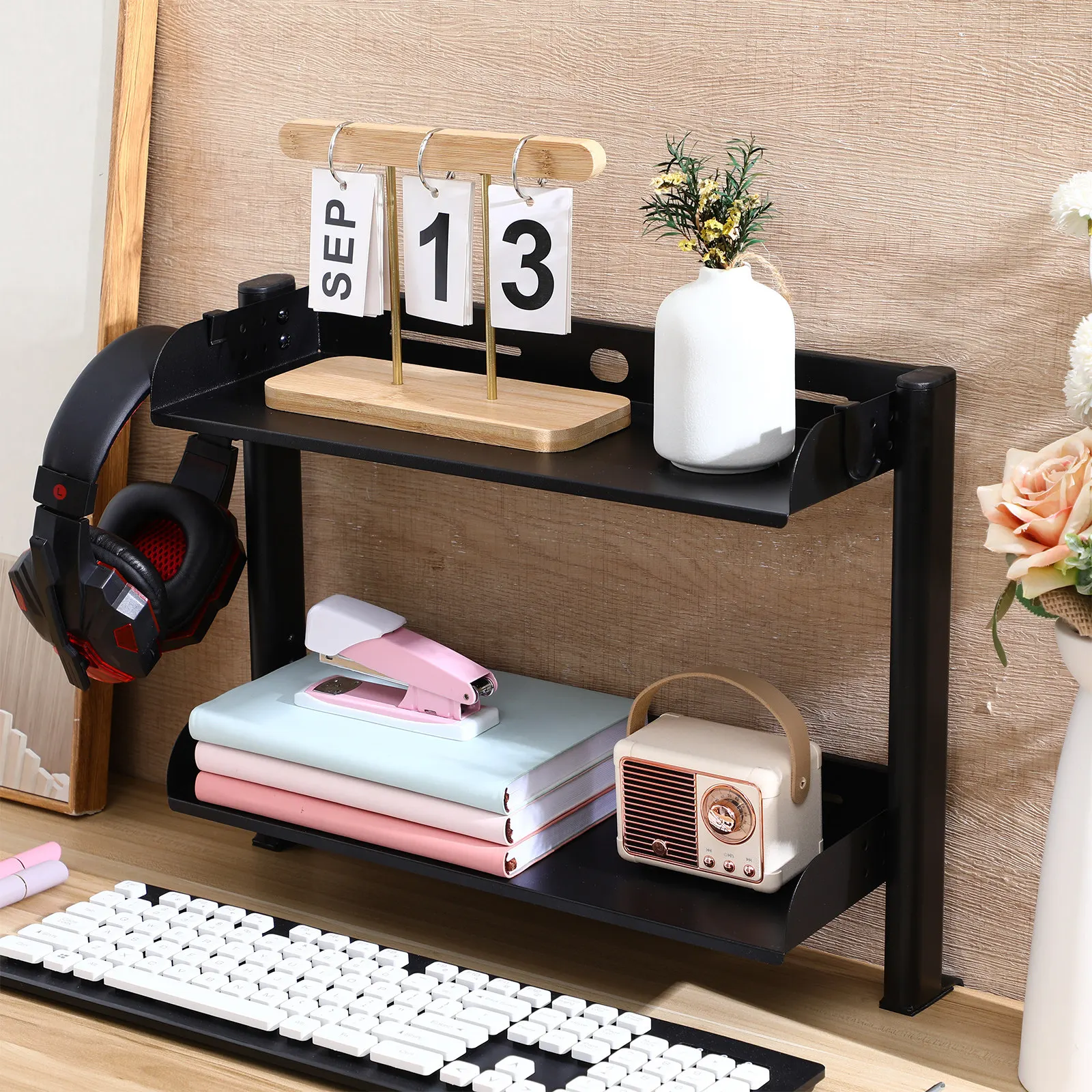 Clamp on Desk Shelf 2-Tier Adjustable Desk Extender Shelf Desktop Organizer Rack Space-Saving Home Office Desktop Storage Rack