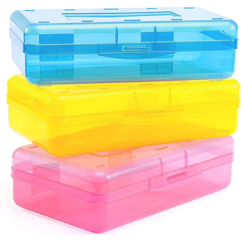 3 Pack Large Hard Pencil Case Bulk Clear Plastic Crayon Box Marker Pen Organizer Storage Container with Snap Lid Art Craft School Supplies