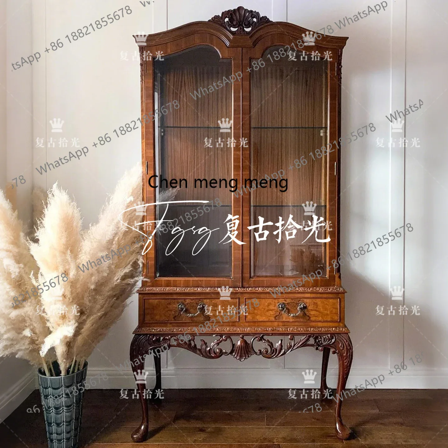 

Французский ретро твердый деревянный резной цветок винный шкаф гостиная украшение для хранения дома витрина книжный шкаф