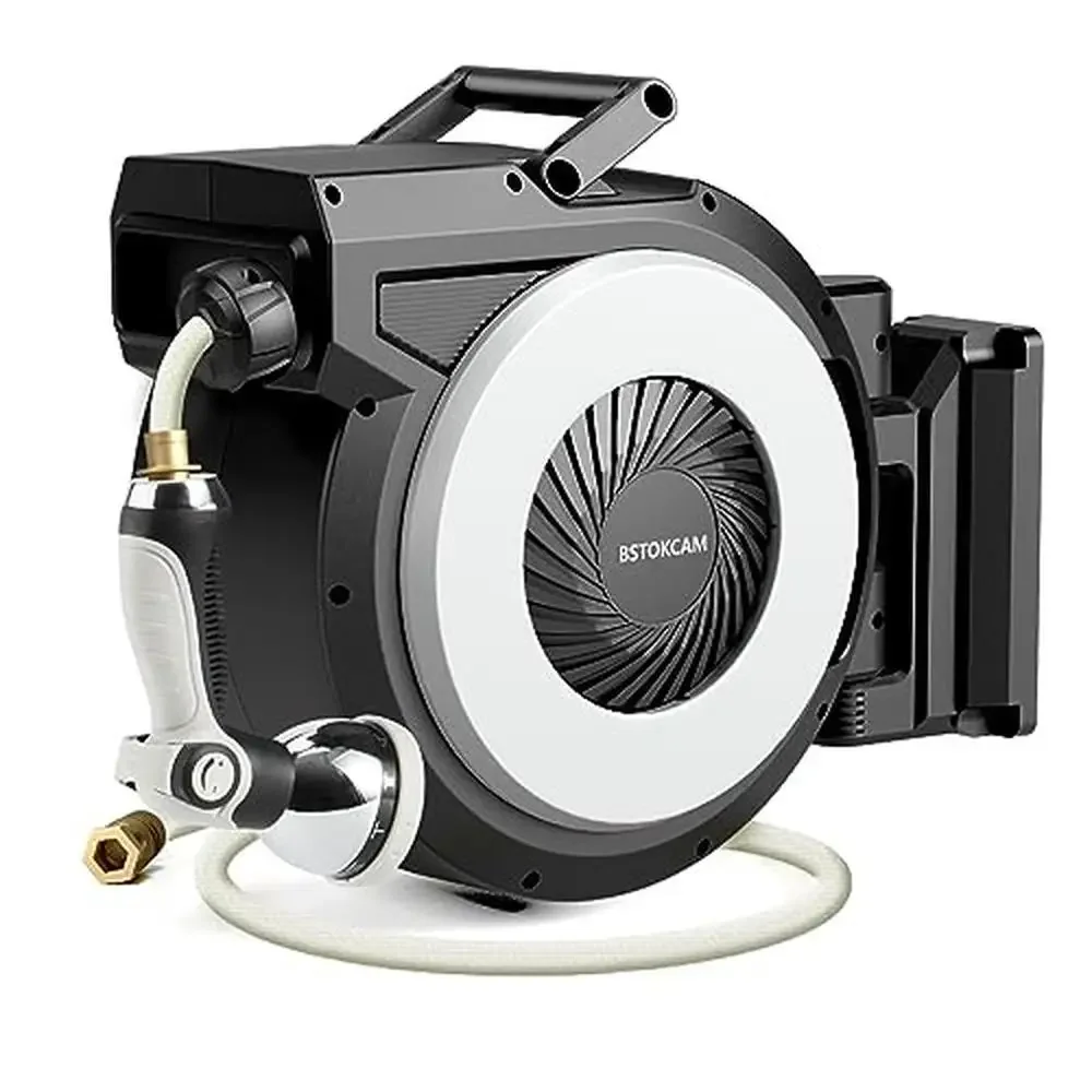 Retractable Garden Water Hose Reel 100 ft Automatic Rewind Brass Fittings Storage Holder Organized 180-degree Pivot Bracket