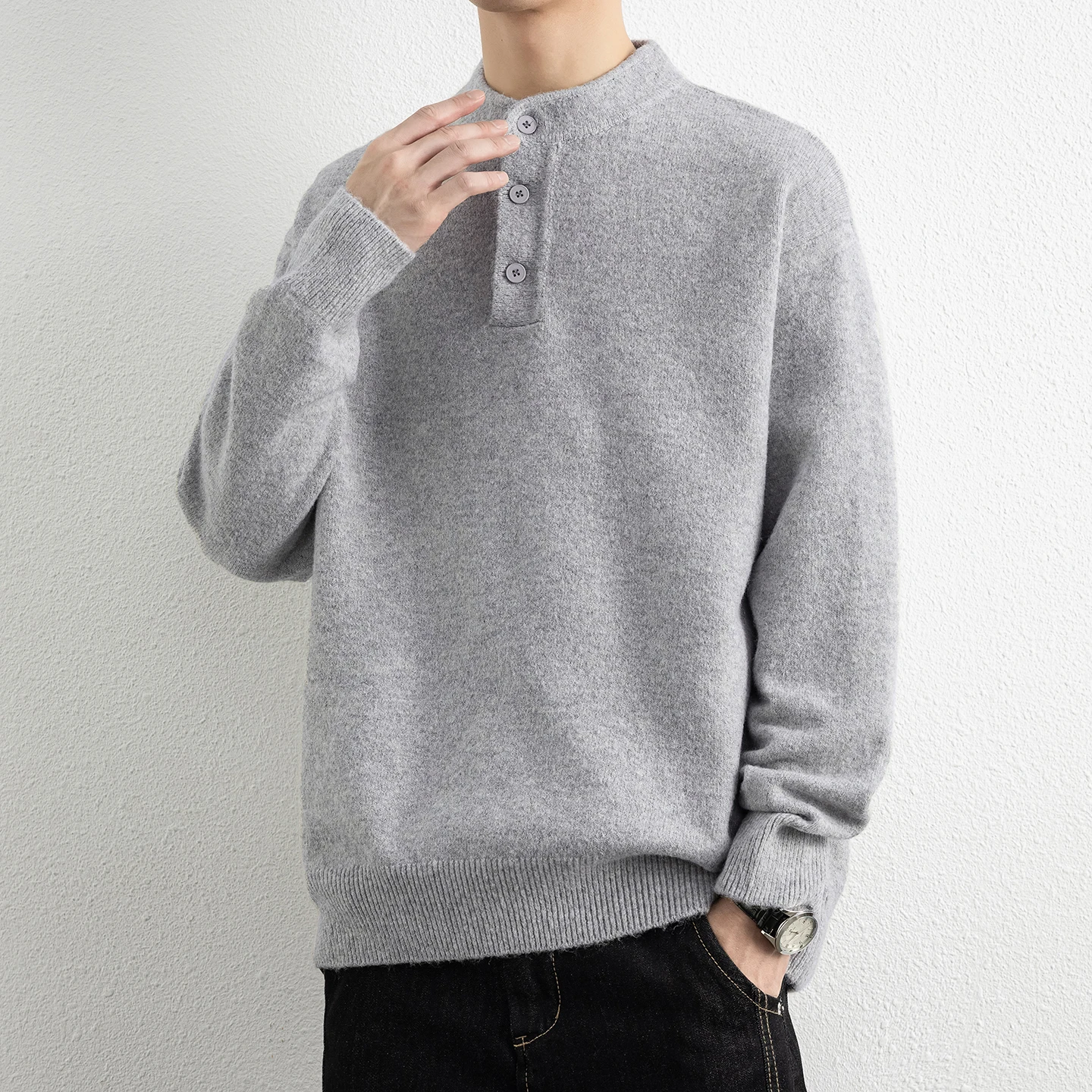 

Мужской повседневный вязаный свитер с воротником хенли, свободный крой, зимний, модный, из мягкой смеси полиэстера и нейлона, не мнется, стандартная длина рукава
