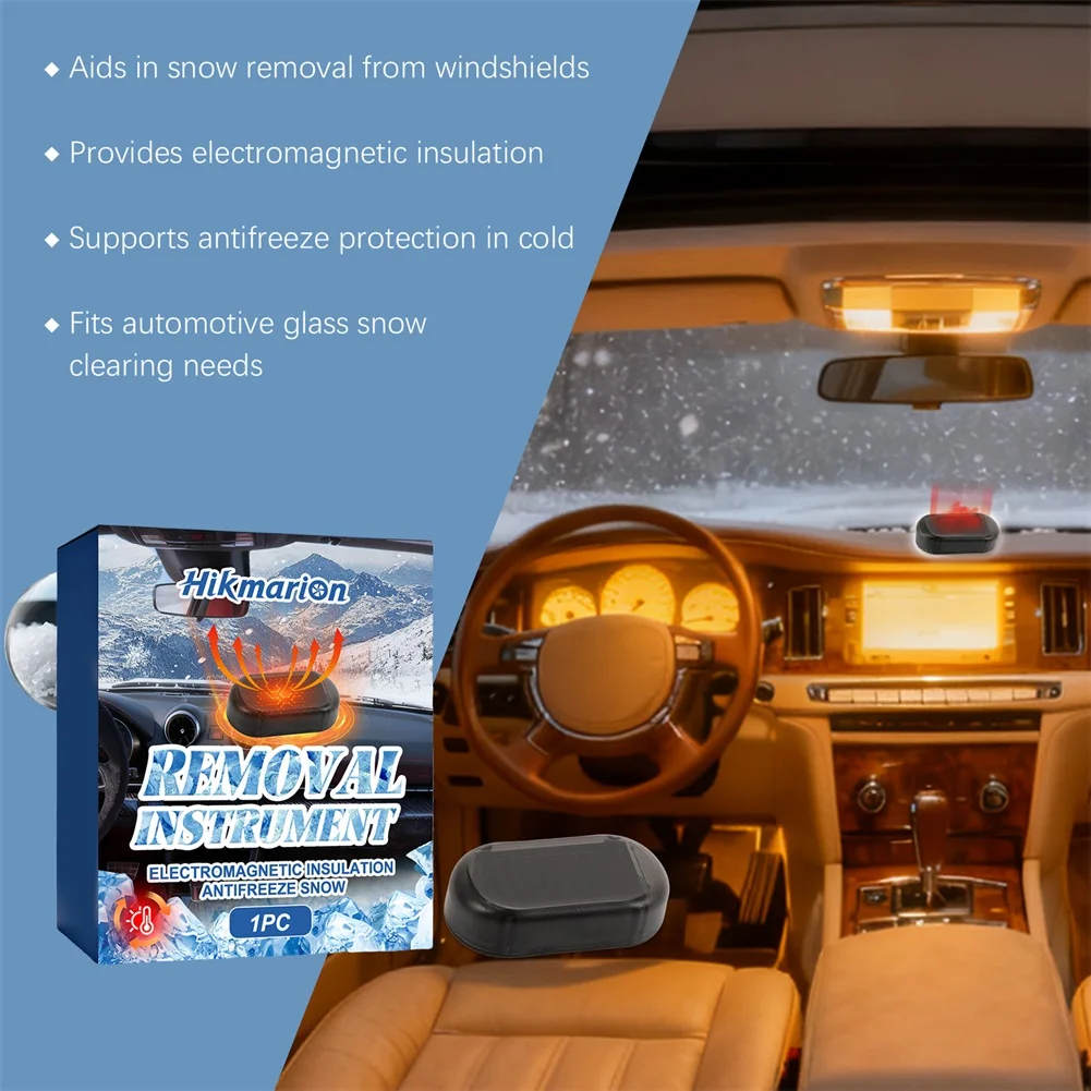 Solar Car Snow Removal Device Solar Powered, Eco Friendly & Wireless. Frosty Morning Outdoor Parking.