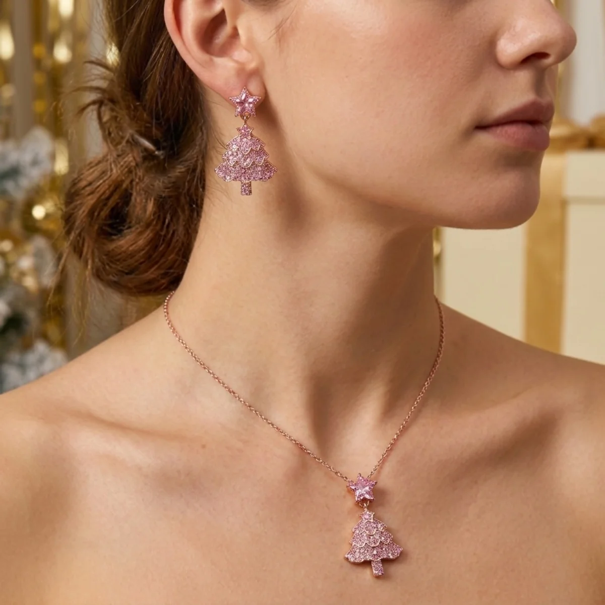 Sparkling Full Pink Rhinestone Christmas Tree Necklace Earrings Set For Women Cute Star Xmas Tree New Year Holiday Jewelry Set