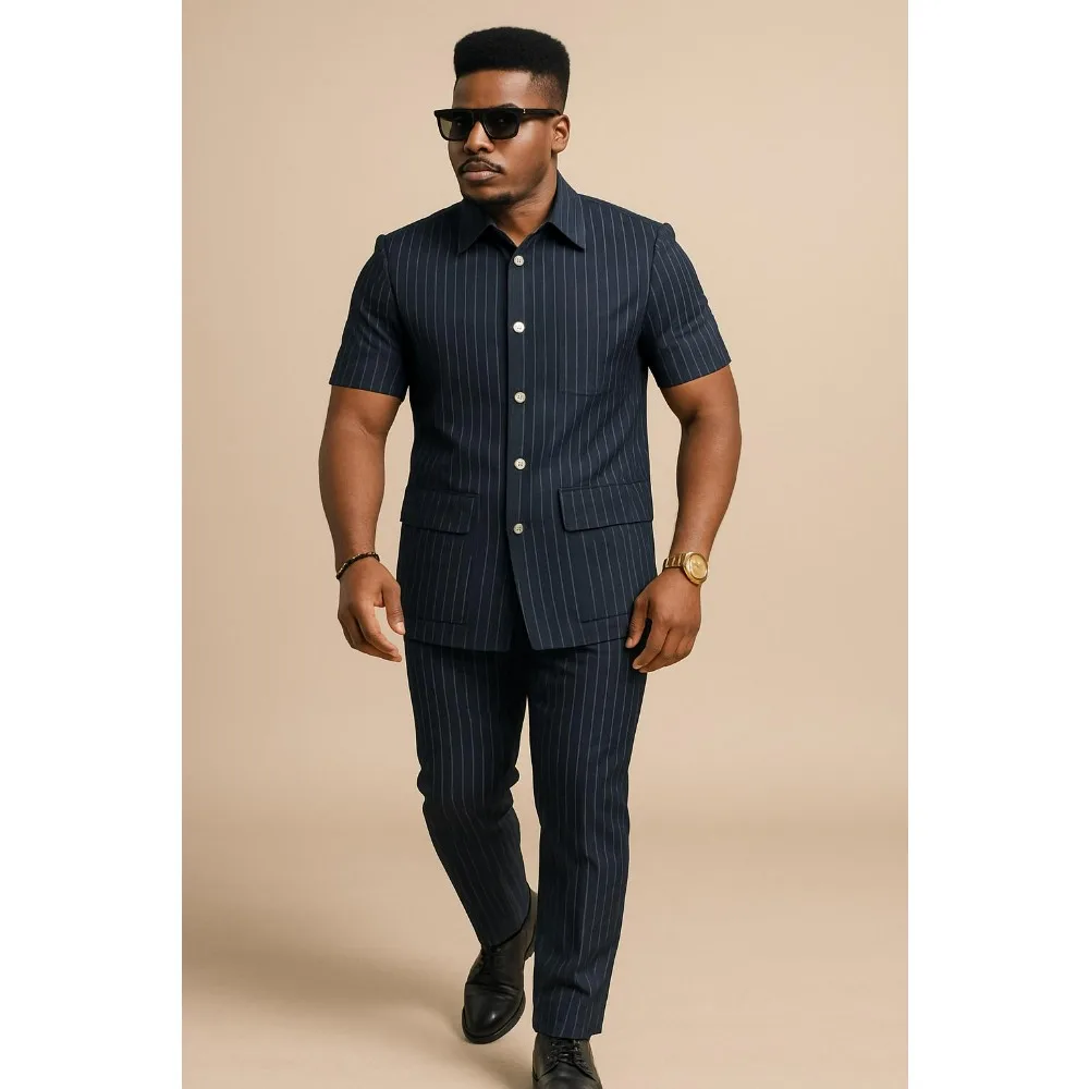 Safari Suits for Men Striped Men Suits with Short Sleeves 2 Pieces Set Summer Stripe Short Sleeve Shirt Pants Business Outfit view 2