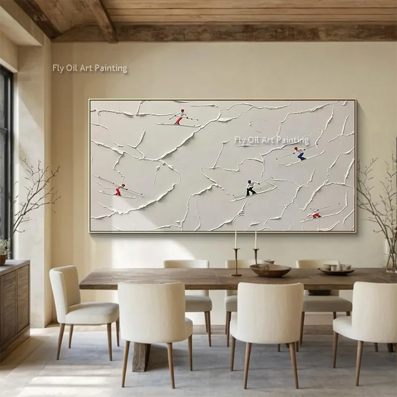 Simple Design Handpainted White Art Snow Mountains Thick Oil Painting Abstract Mountain People Skiing Canvas Artwork Wall Decor