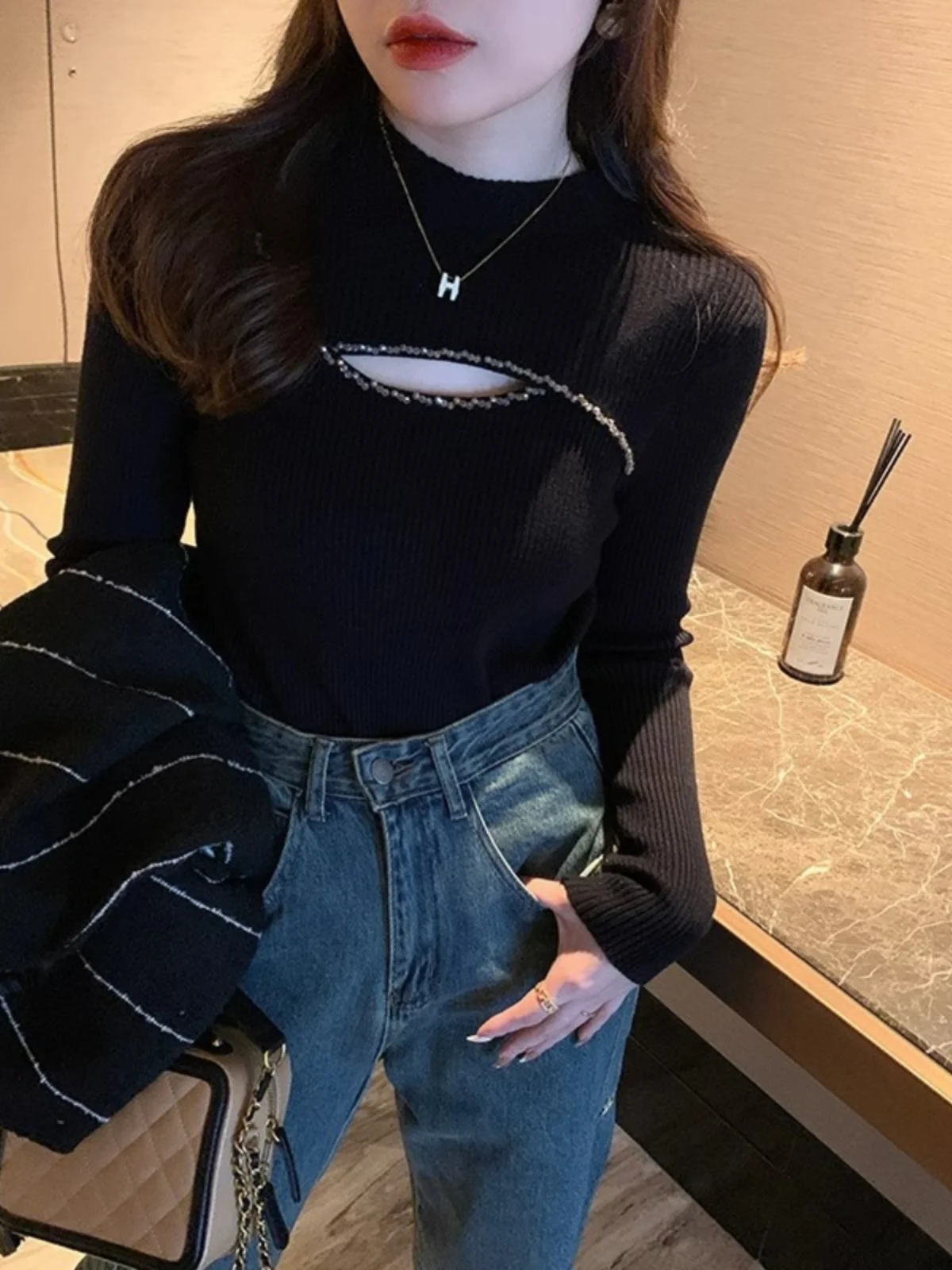 

Women's Hollow out Knit Base Shirt Design Sensation Inner Wear High Neck Long Sleeve Slim Fit Korean Style Commute Fashion