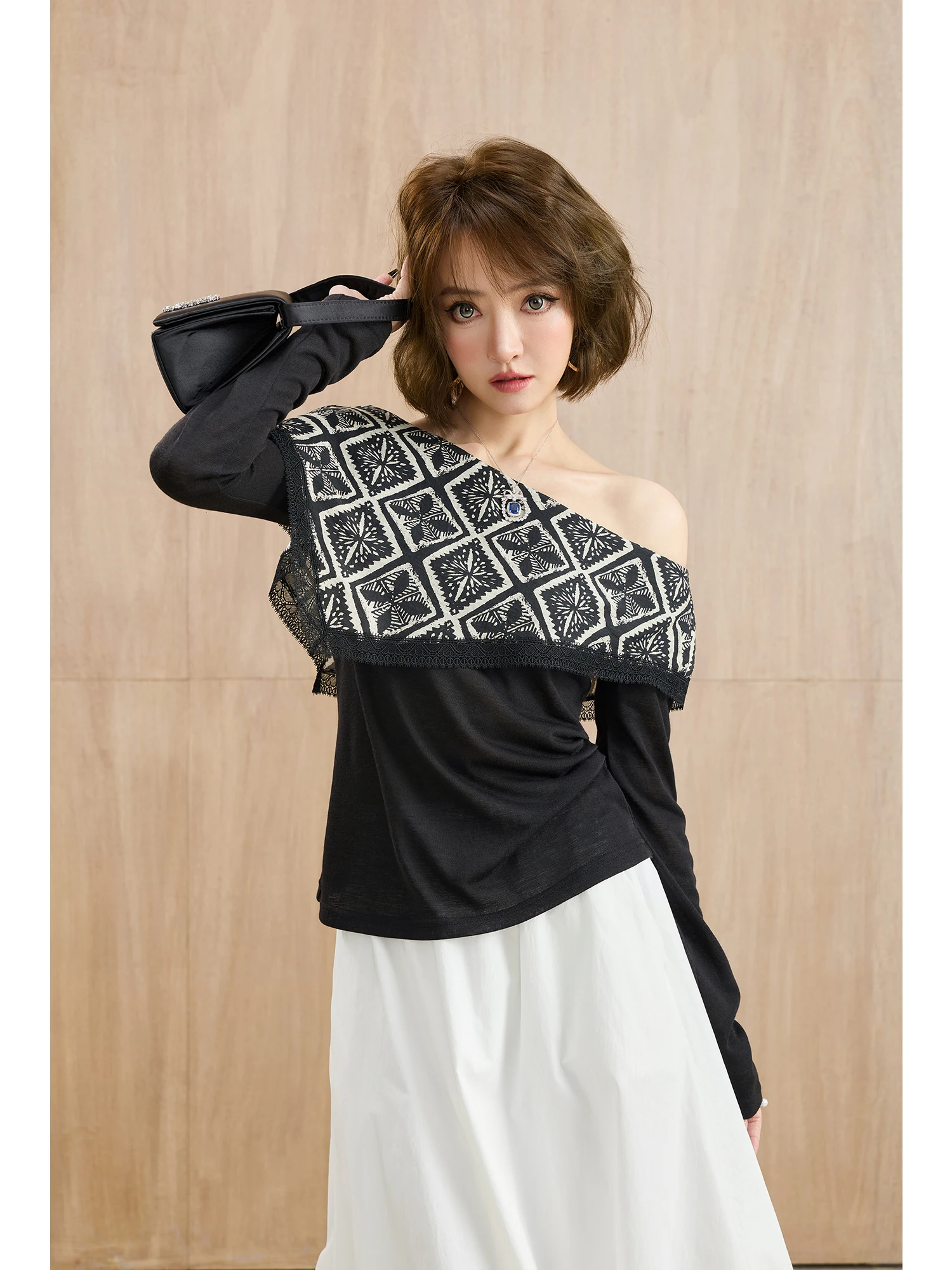 

MIUCO French Sle Loose Fit Linen Long Sve One oulder Knitted Sweater with awl Lace Detail Geometric Pattern
