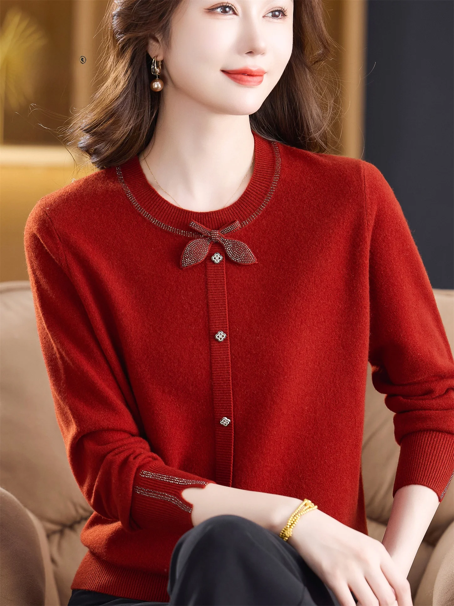 

Faionable Pure Wool Knitwear round Ne Top for Young Mothers Middle Aged Women Breathable Loose Fit Casual Sle Spring Au...