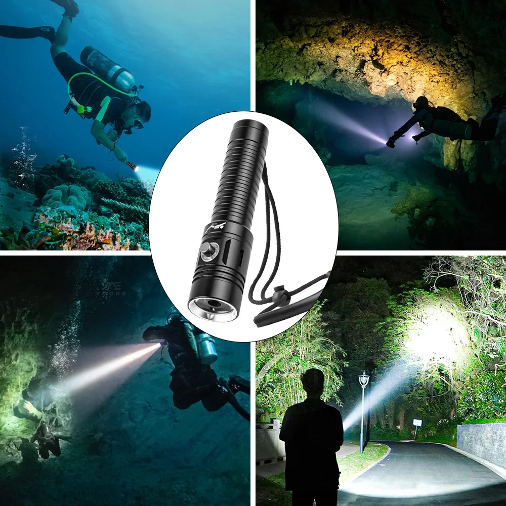 2026New Dive Flashlight IPX8 Waterproof Rechargeable LED Flashlight 18650 Silicone Wrist Strap 50M Diving Torch for Scuba Diving image 6