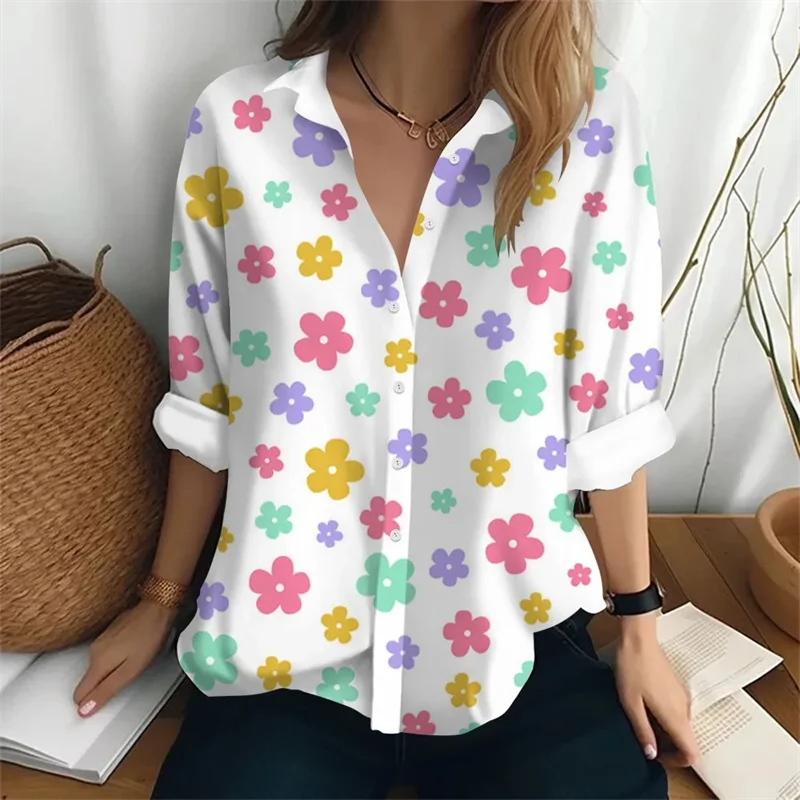 2024 New Women\'s Shirt Long Sleeve Flower Printed Collar Pocket Daily Beach Vacation Comfortable Top