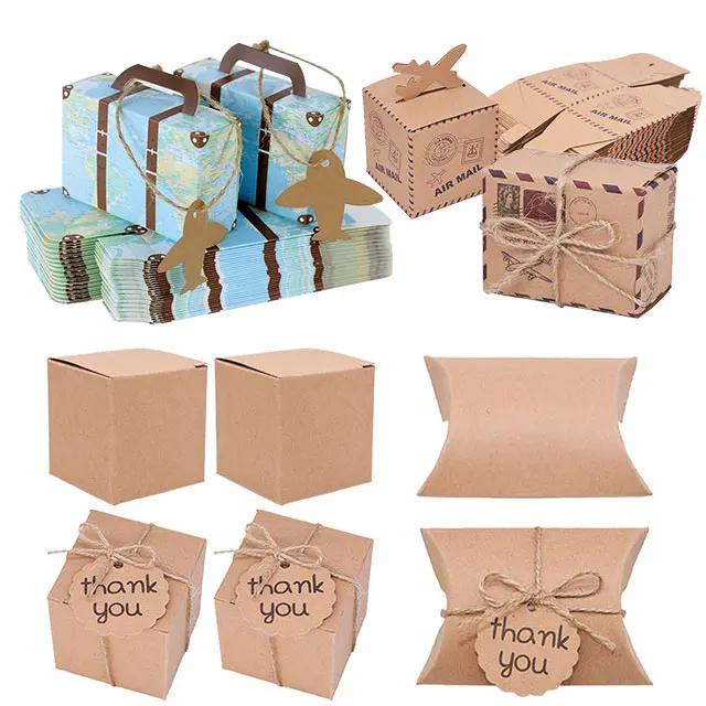 10Pcs Party Favor Candy Box, Vintage Mini Suitcase Favor Box, Kraft Paper With Tags And Burlap Twine For Travel Themed Party