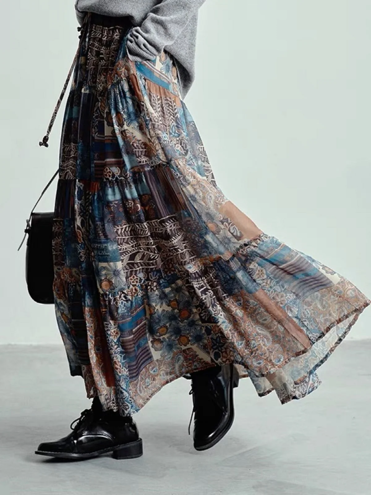 

Women Chic Fashion Cotton Linen Lined Retro Print Slim Long Midi Skirt Streetwear Casual