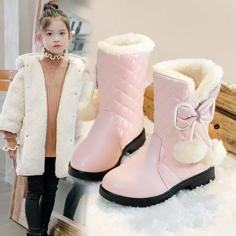 Girls Warm Boots with Bow Kids Snow Boots with Fur Plush 2024 Winter New Fashion Children Princess Boots Waterproof Platform