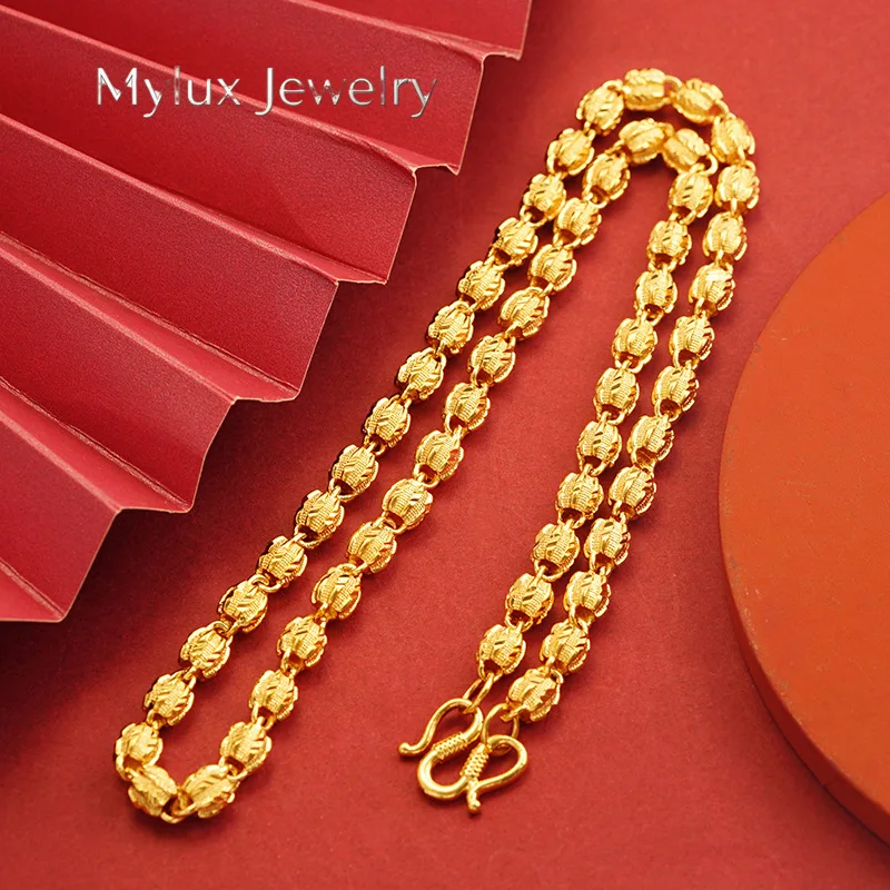 Mylux Jewelry Luxury 24K 9999 Pure Gold real gold Hollow Peach Pit Necklace Men's Frosted Thick Chain