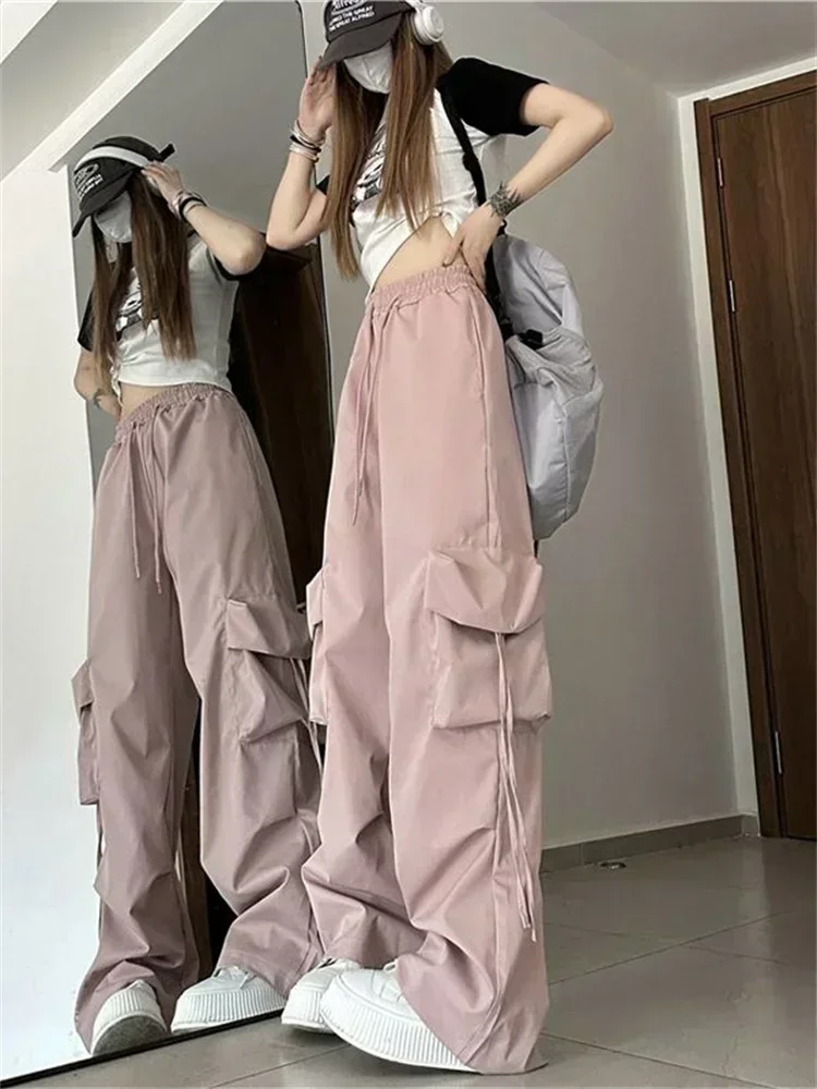 QWEEK Y2K Beige Cargo Pants Woman Streetwear Hip Hop Black Parachute Trousers Oversized Korean Fashion Wide Leg Pink Sweatpants