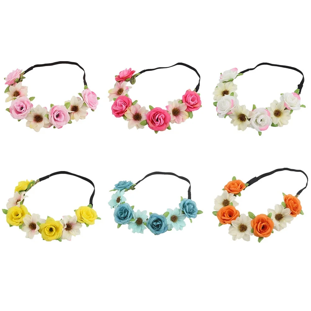 

6Pcs Elastic Floral Headband Bohemia Simulation Rose Garland Wedding Party Prom Festival Hair Accessory Lightweight Comfortable