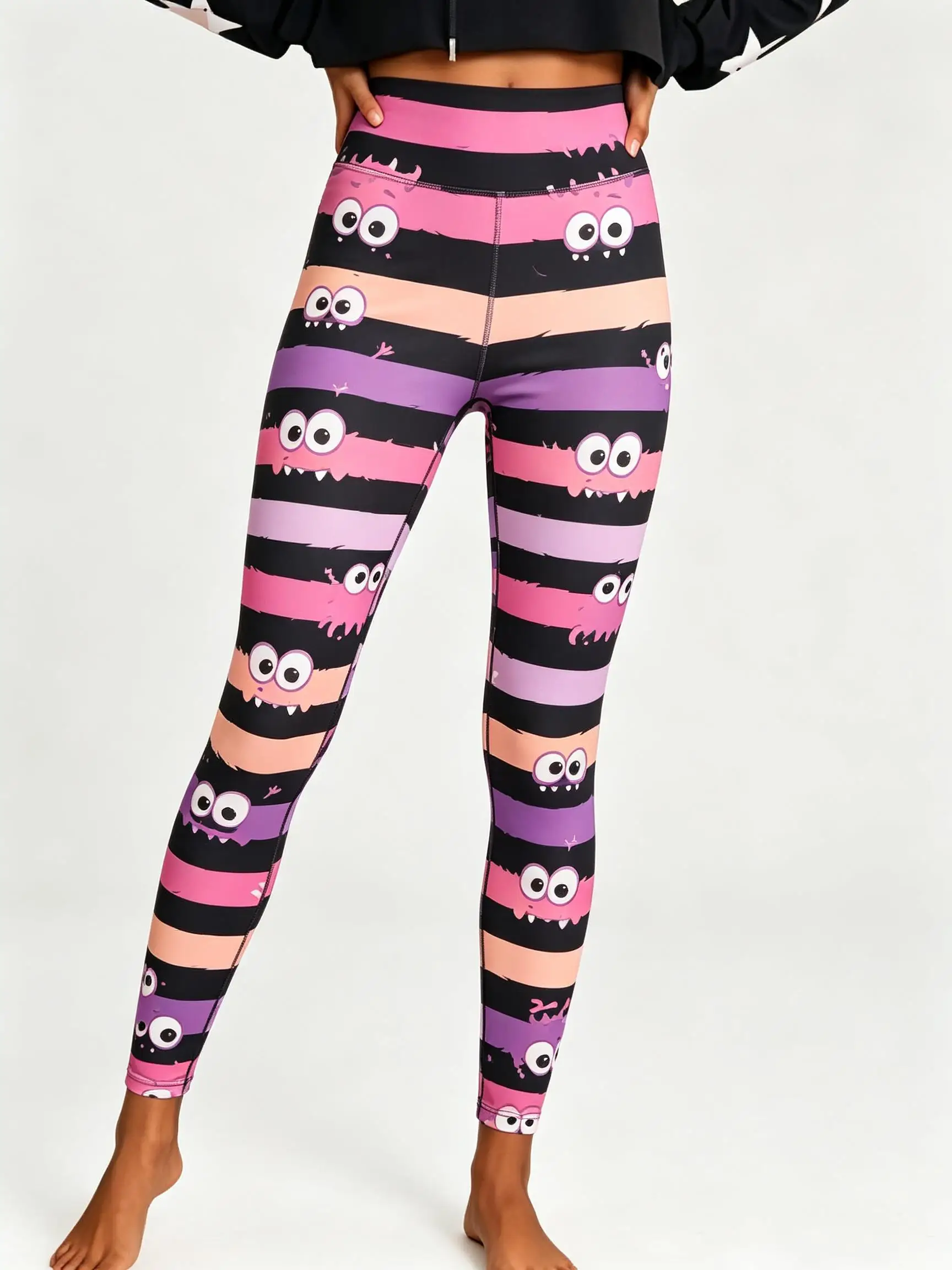 Women Halloween Fleece Mid‑Rise Leggings Monster Stripe Cartoon Eye Full Print Stretch Slim Pants
