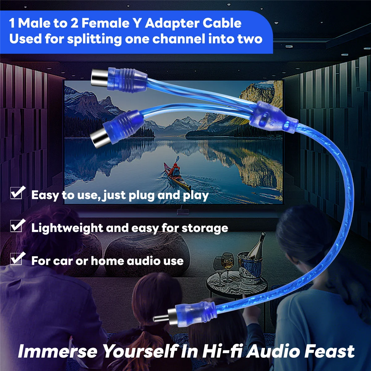 2x RCA Phono Y Splitter Lead Adapter Cable 1 Male To 2 Female Car Connector 30cm