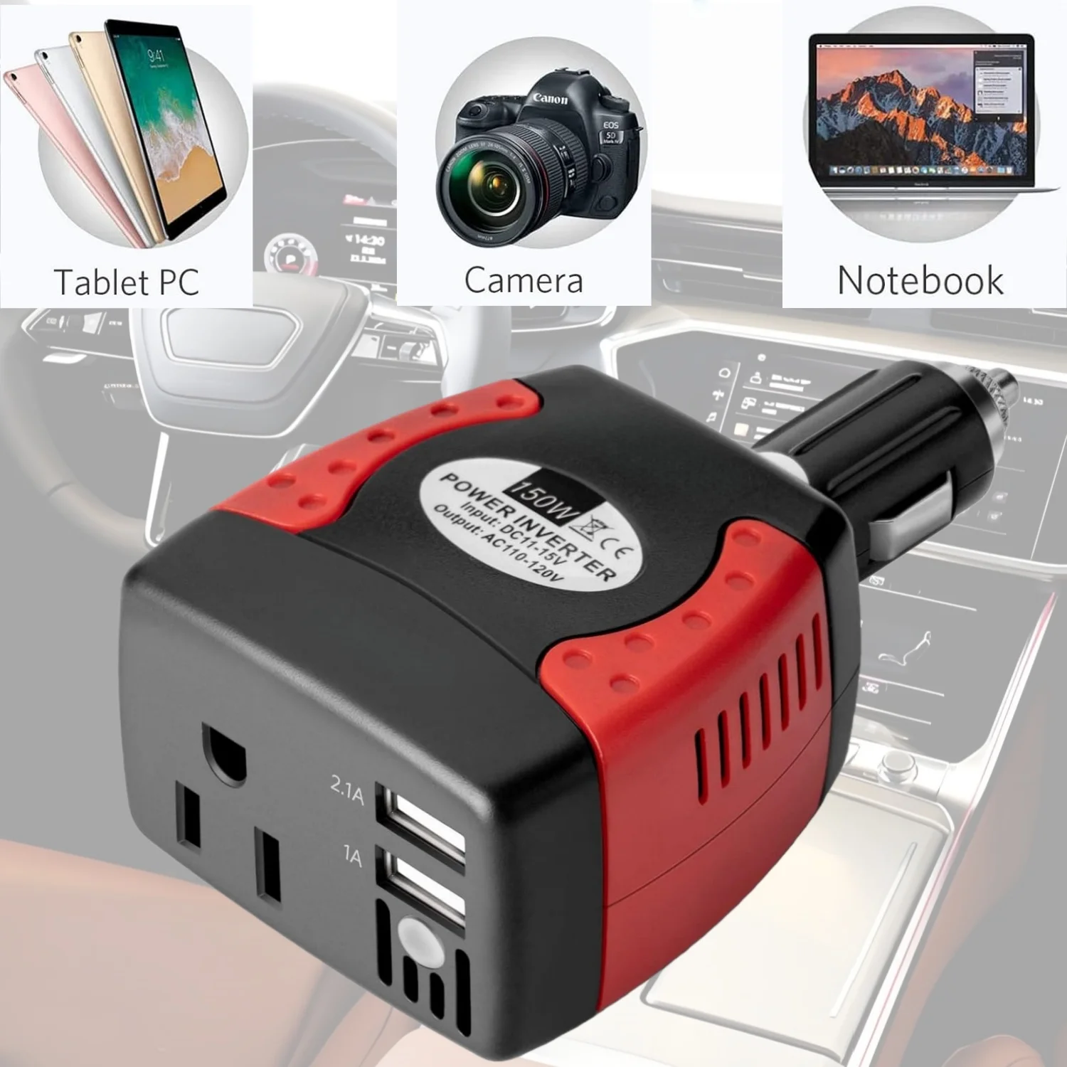 

Инвертор мощностью 150 Вт, преобразователь напряжения 12 В в 110 В, автомобильное зарядное устройство, адаптер питания с двумя USB-портами для зарядки 2,1 А/1 А