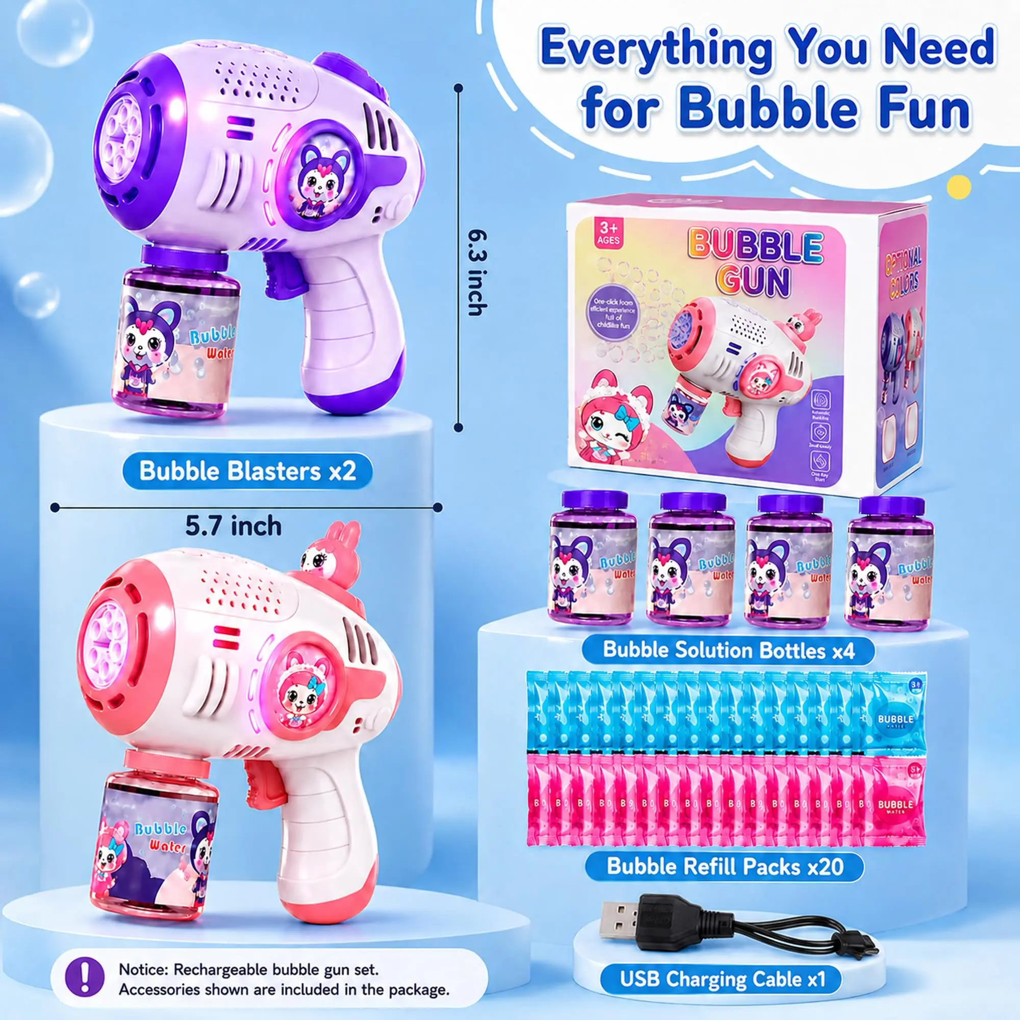 MQUDUO Bubble Machine Set, 2 Light Up Rechargeable Bubble Guns with Solutions Refills, USB Cable, Birthday Party Gift