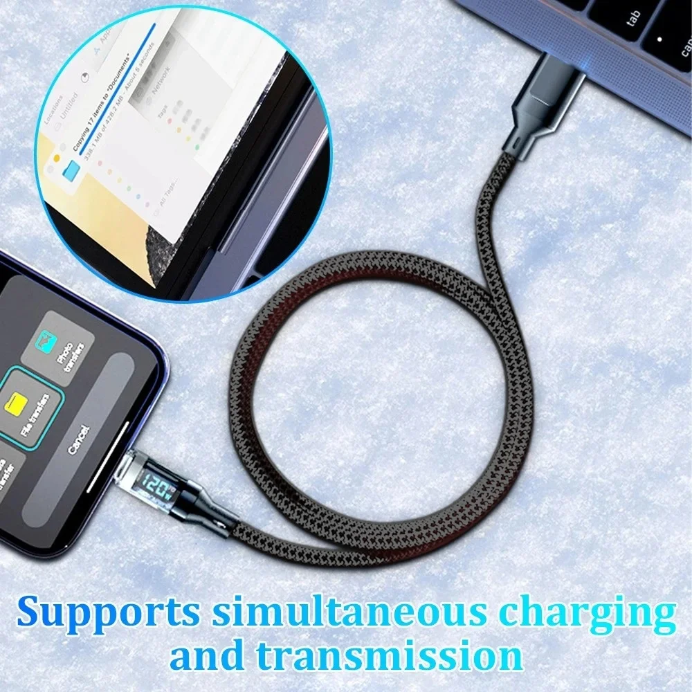 كابل USB إلى النوع C بقدرة 120 وات، كابل شحن سريع للغاية مع شاشة LED 100 وات من النوع C إلى سلك بيانات من النوع C لهاتف Huawei Oppo Vivo