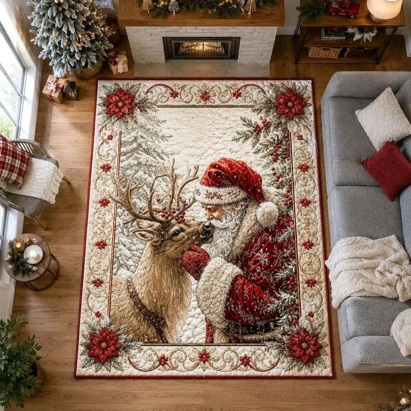 VIKAMA Vintage Santa Reindeer Poinsettia Area Rug Soft Cozy Warm Non Slip Living Room Farmhouse Christmas Holiday Home Decor