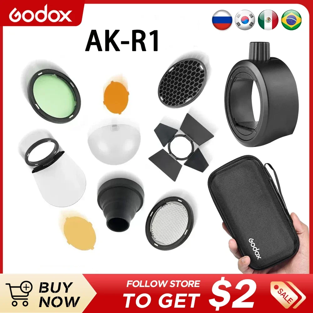 

Godox AK-R1 + S-R1 Barn Door, Snoot, Color Filter, Reflector, Honeycomb, Diffuser Ball Kits for Godox AD200 H200R V1 Flash Head