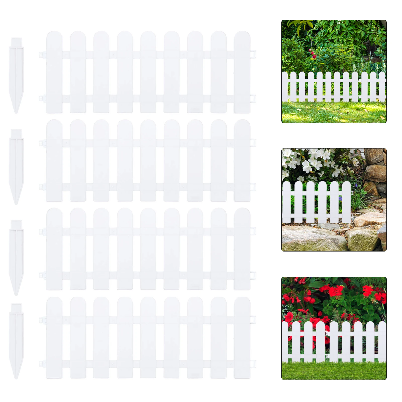 

4pcs White Fence 50x13 Round Head Plastic Garden Decorative Fences Backyard Path Driveway Boundary Landscaping