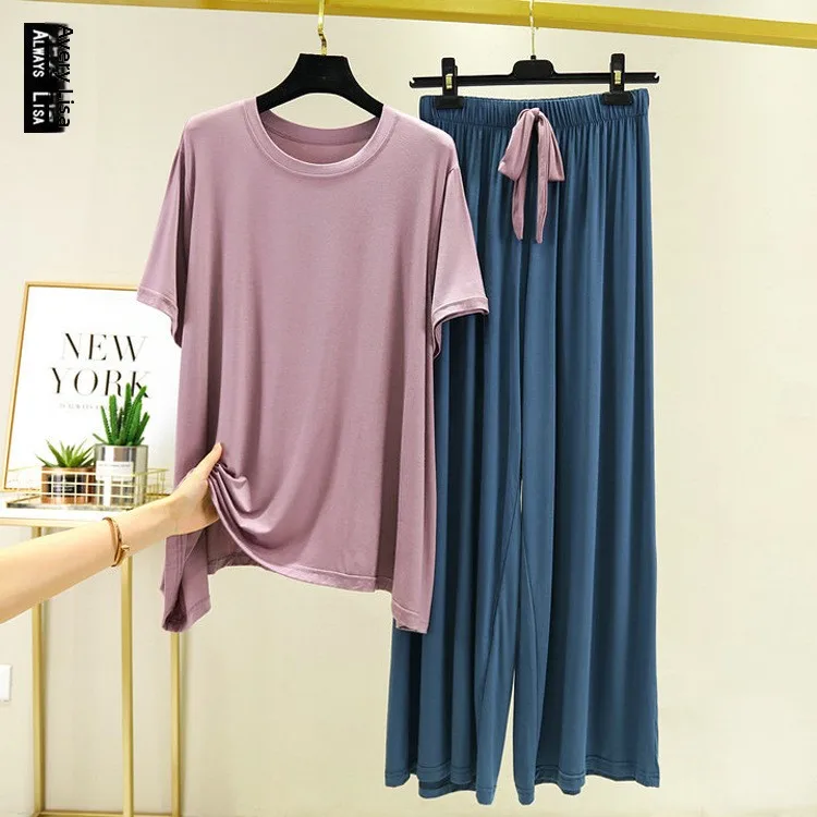 Women's Spring Summer Casual Short Sleeve Long Pants Sleepwear 2-Piece Set Loose plus Size Friends Home Clothes