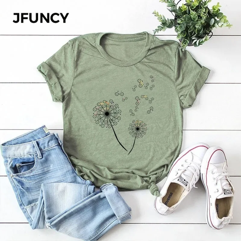 JFUNCY New Women Cotton T-shirt Summer Short Sleeve Female Shirt Creative Bike Dandelion Harajuku Print Woman Tee Tops