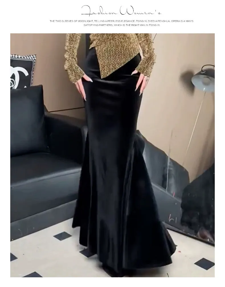 4XL XXXXL Plus Size Black Gold Velvet Plus Size high waist hip slim fit women's long skirt for Womens Maxi Skirts