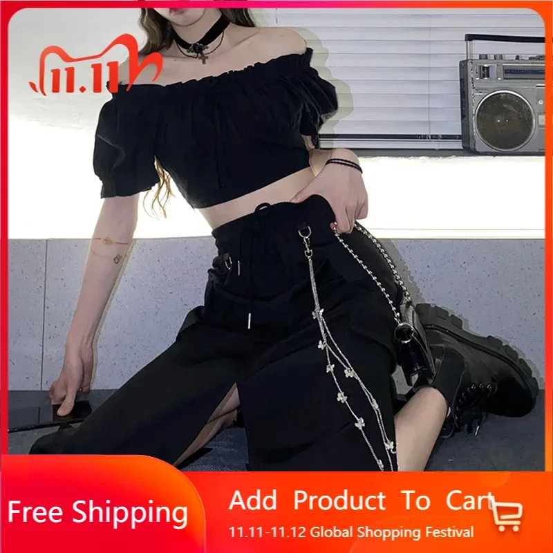 New Summer Fashion Black Skirt Women Korean Casual Streetwear Skirts with Chain Big Pocket Cargo Skirt Female for XS-2XL