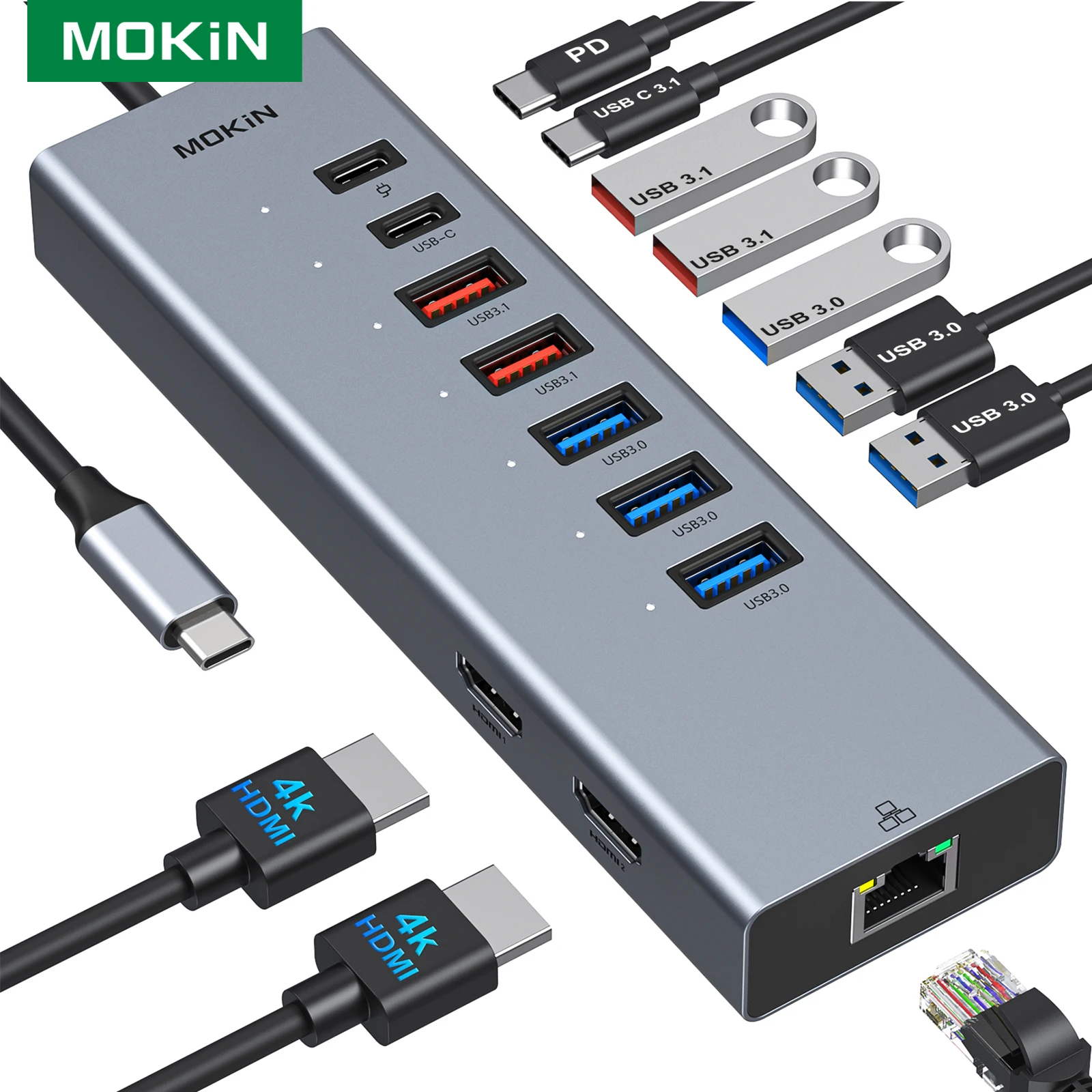 

Док-станция для ноутбука, USB C на два HDMI + USB 3,1 + Gigabit Eth + 100W PD