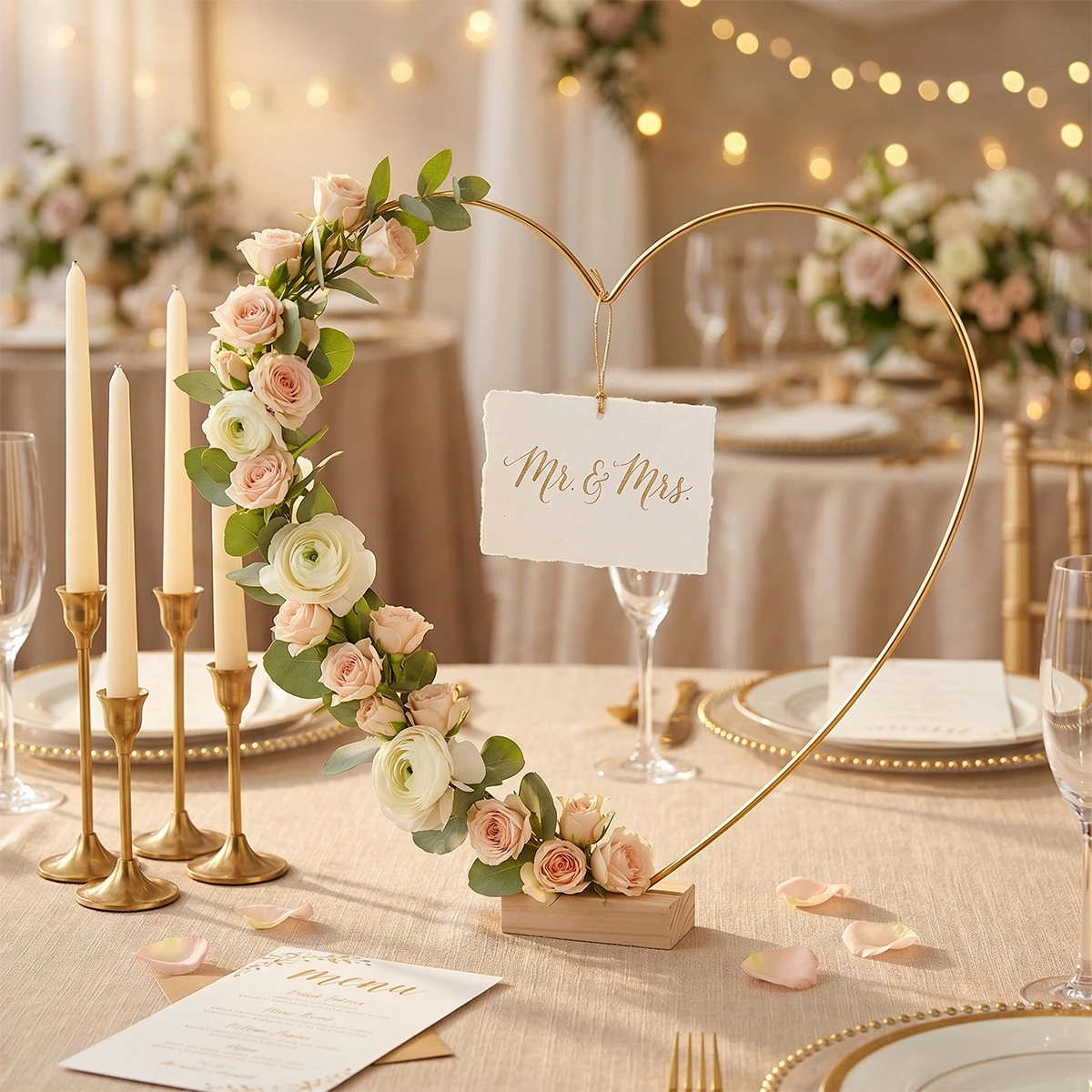 Metal Heart Wreath with Wooden Base Wedding Birthday Party Decor Dining Table Metal Floral Hoop Wedding Flower Garland Holder
