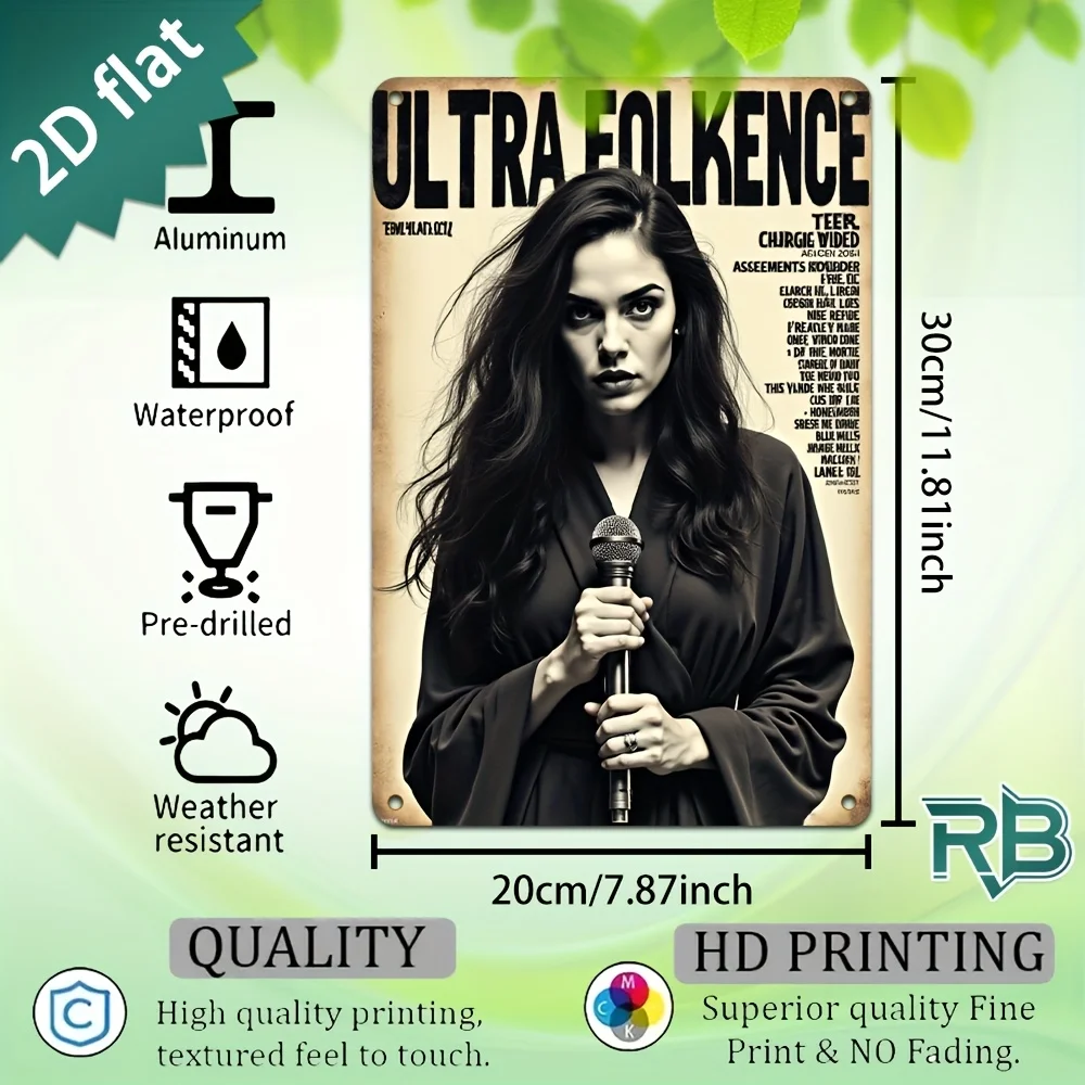 New Trendy HD Metal Wall Art - Vintage Retro 2D Flat Design Grunge Magazine Cover Style Featuring a Powerful Brunette Woman Sing