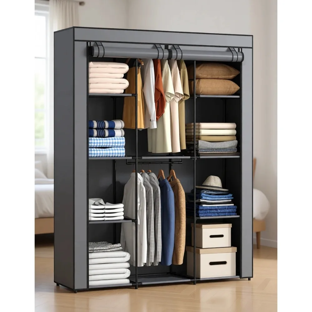 

Портативный шкаф-гардероб с 10 полками, 2 штангами для одежды, чехлом из нетканого материала, органайзер для спальни, серый