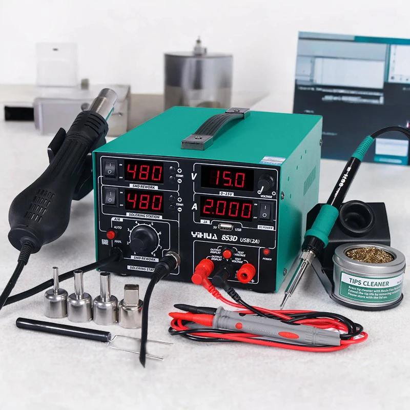 YIHUA 853D Soldering Station Rework Station 4 in 1 Hot Air Gun Soldering Iron USB Output 15V 2A DC Power Supply BGA Welding Tool