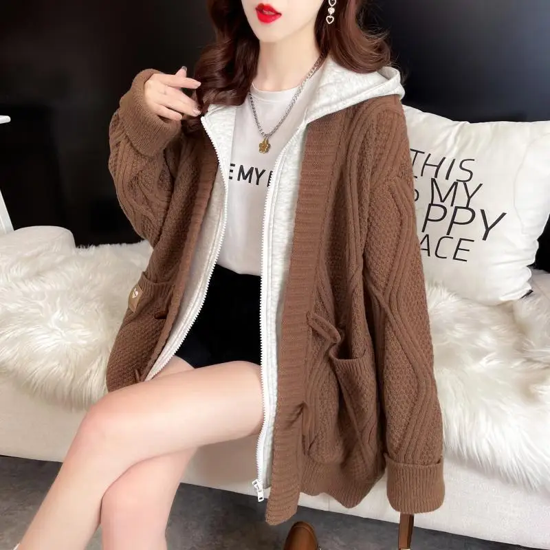 Women's Patchwork Fake Two Piece Hooded Sweater Coats Spring Fall Lady Casual Knitted Jacket Daily Joker Cardigan Female 2025