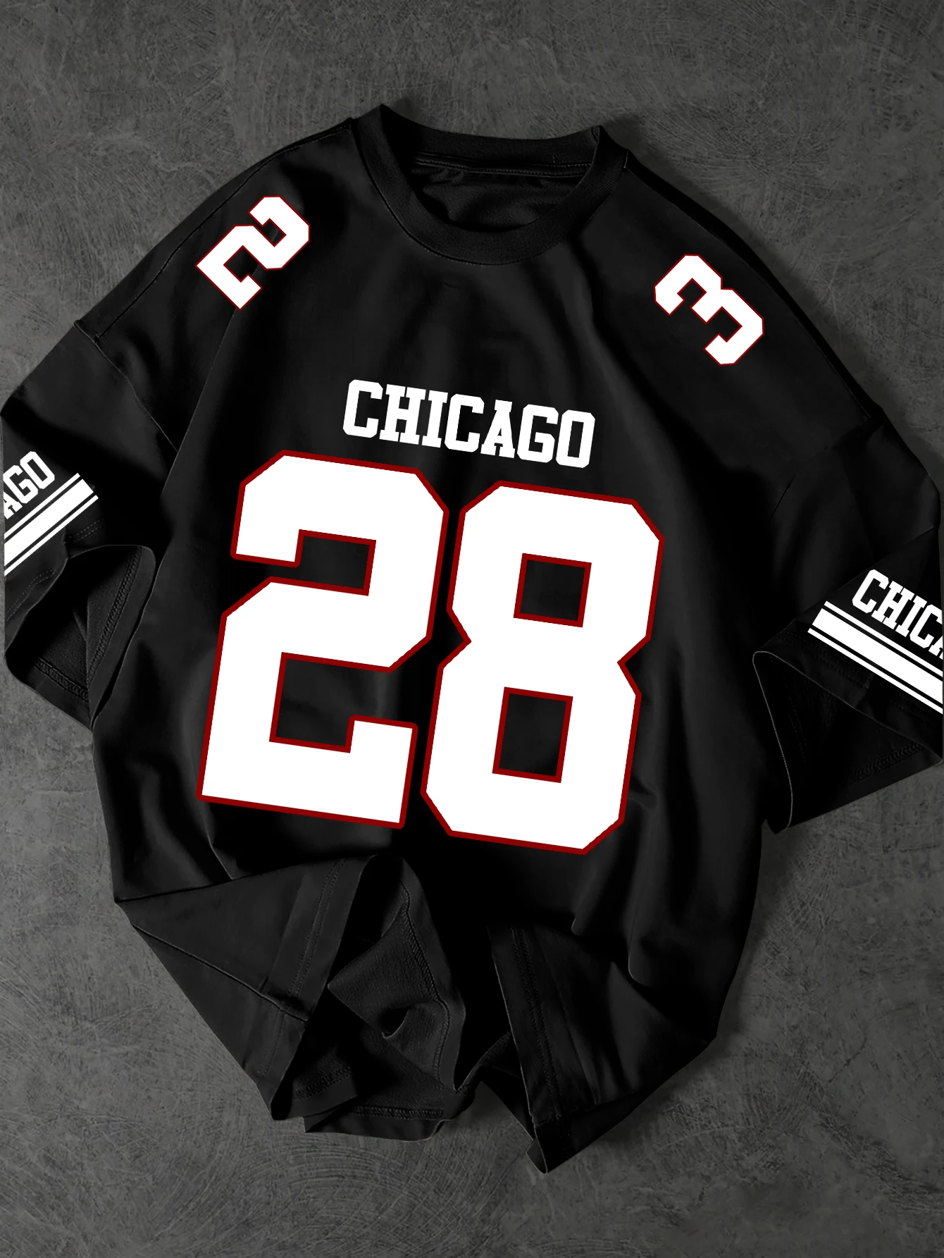 Men's Loose Fit T-Shirt,Chicago 28 Jersey Style Print With Shoulder & Sleeve Number Decor, Trendy Sport City Streetwear, S-XXL