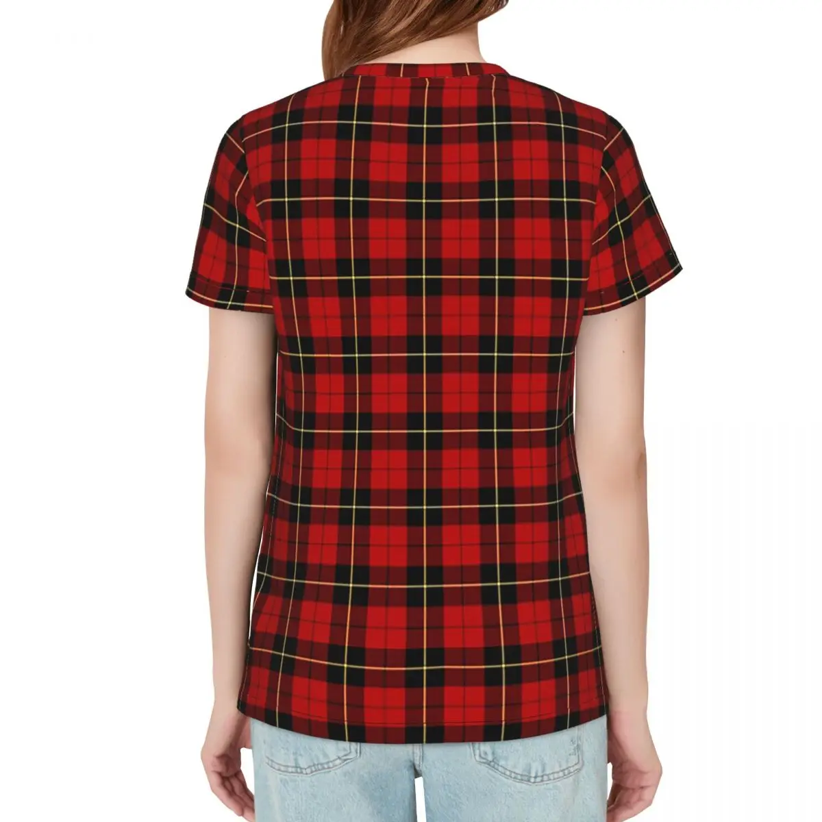 Clan Wallace Tartan Classic Red And Black Plaid T-Shirt Women Short Sleeve T Shirts Crew Neck Clothing Cotton Summer Tees