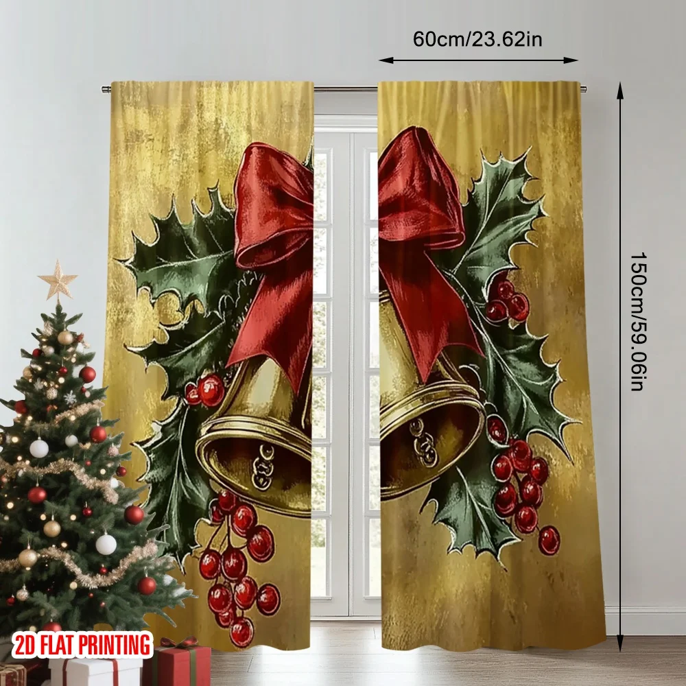 2pcs 2D flat printing Merry Christmas Popular Window Curtains Christmas Bells Holly Festive 100% Polyester Without Electricity 0