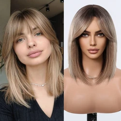 ALAN EATON Brown Short Layered Synthetic Wigs Ombre Light Brown Wig with Bangs Shoulder Length Hair Soft Fiber Wig for Daily Use