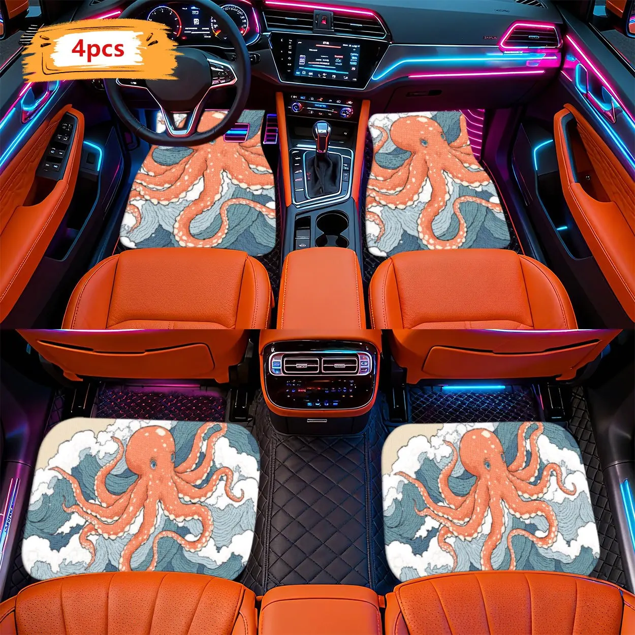 2D Design, 4pcs Of Pop Art, Orange Octopus And Wave Car Floor Mats - Compatible With Various Car Models, Easy To Clean, Durable