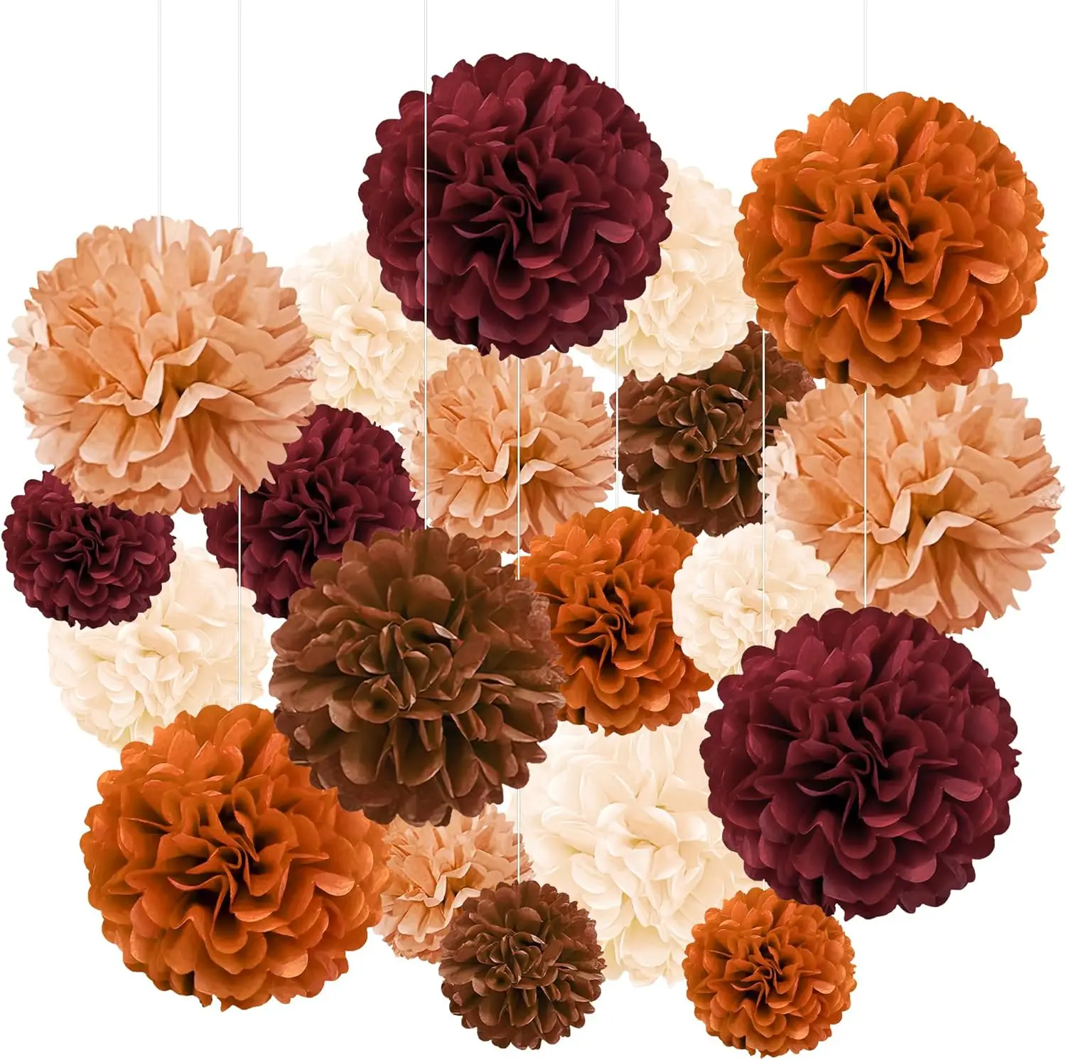 Seidenpapier-Pompons, 20 Stück, Burgunderrot, Orange, Braun, hängende Papierblumenkugel für Hochzeit, Geburtstag, Babyparty, Party-Dekoration