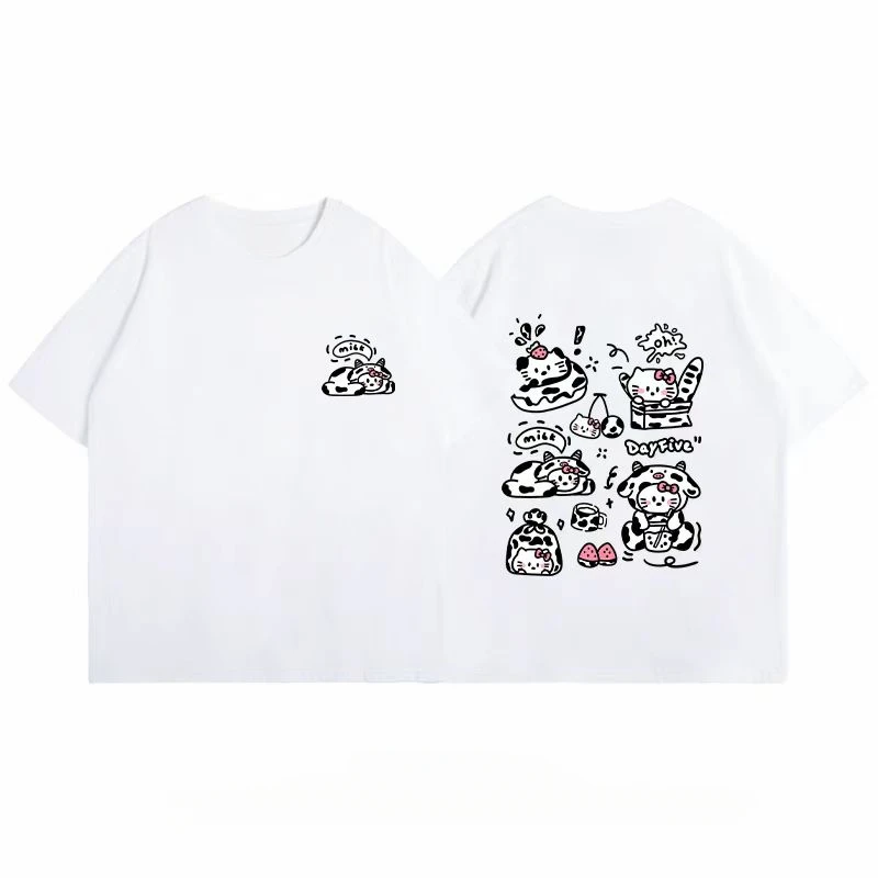 

2025 Japanese Cute Cow Cat Print Short-sleeved T-shirt Y2K Women's Summer New Sweet Girl Chic Base Shirt