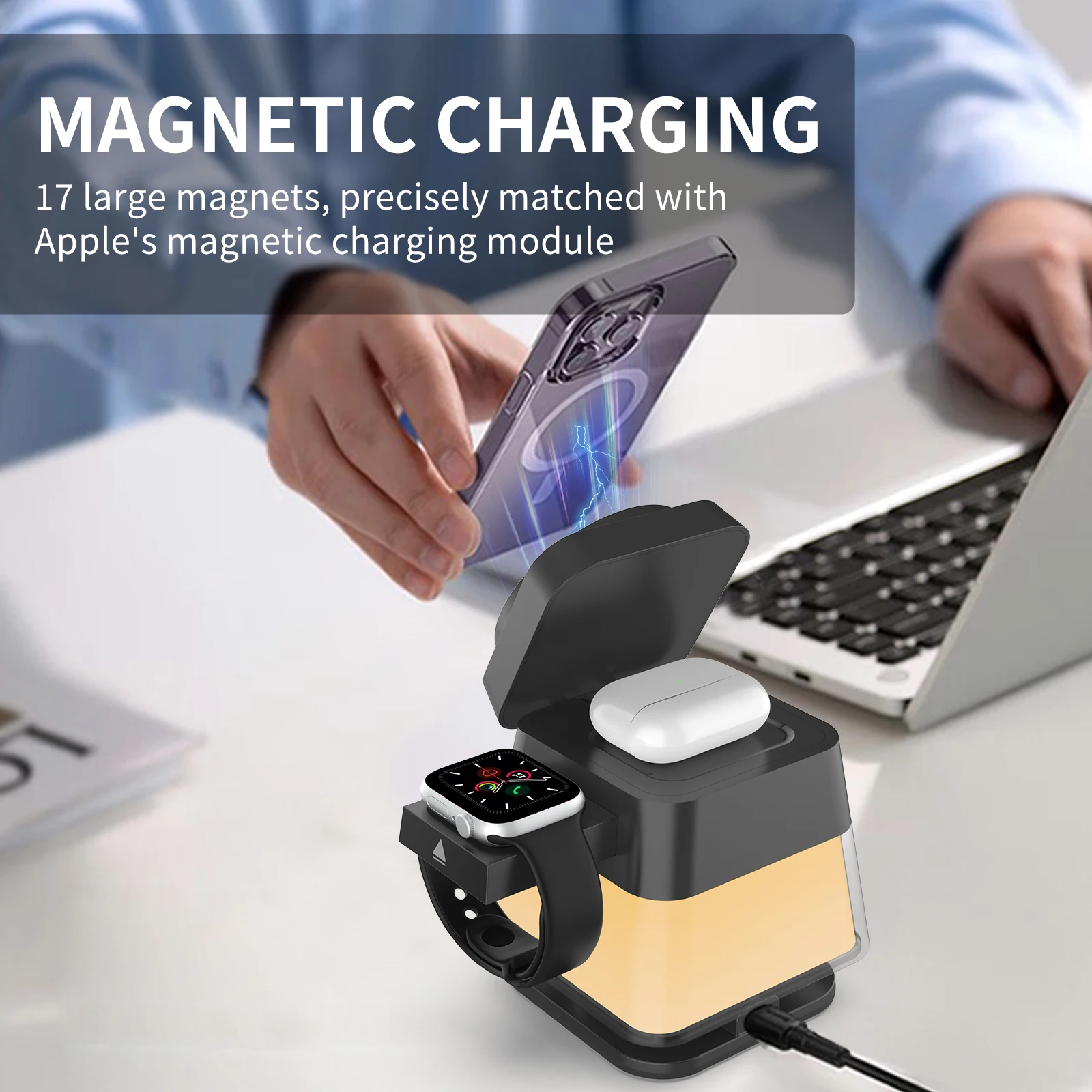 3in1 Wireless Charger Station Fast Charging 15w Adapter Magnetic Table Charger With Colorful Lights For iPhone 16 15 14 Pro Max