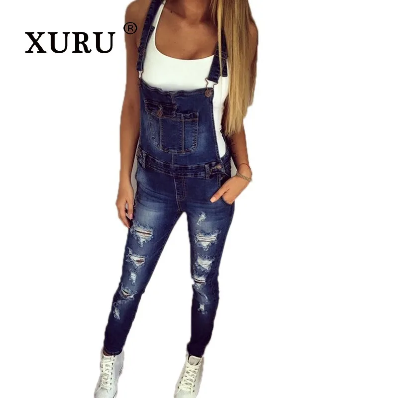 

XURU-Suspenders Jeans for Women, Ripped Shoulder Straps, Back Hole, Long Jeans, Europe and The United States, K34-8047, New