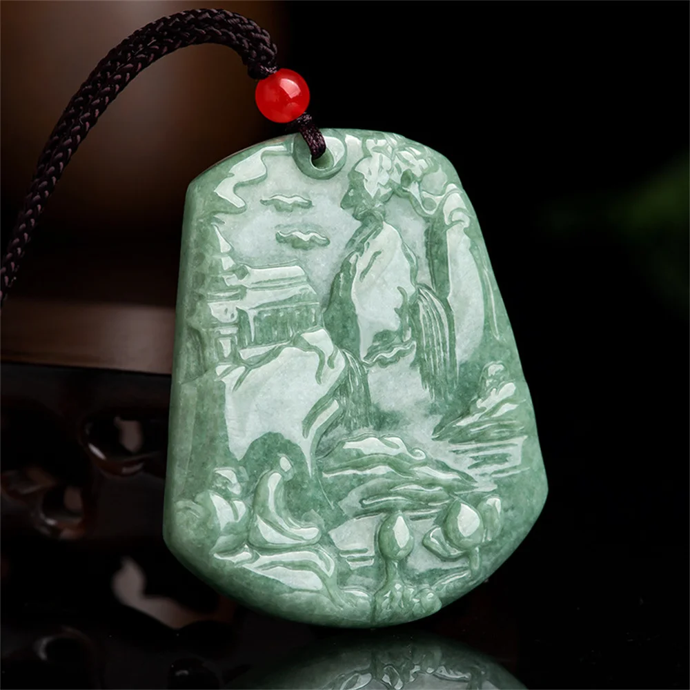 

Retro Natural Ice Green Jadeite Carved Mountain Lake Lucky Pendant Amulet Necklace Certificate Luxury Jade Trendy Gift Jewelry