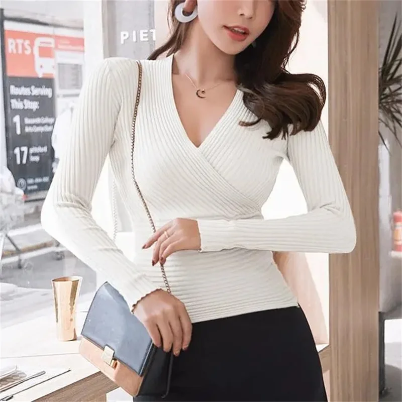 Sweaters Women 2024 New Sexy Deep V Neck Sweater Women's Pullover Slim Bottoming Sweaters Female Elastic Cotton Bottoming Tops