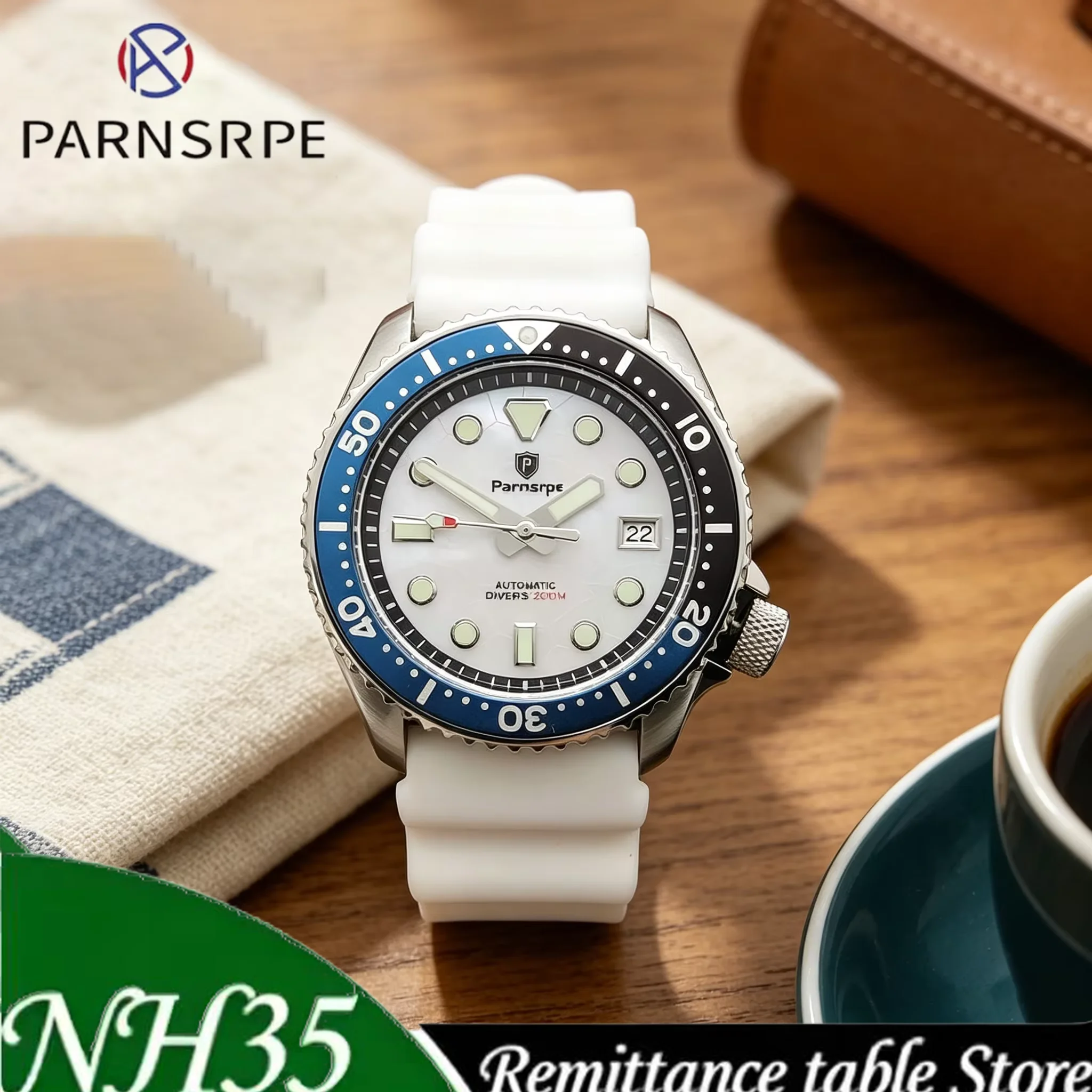 Parnsrpe - Men's Casual White Fashion Watch NH35 Movement Sapphire 200 Metres Waterproof Automatic Mechanical Watch Gift